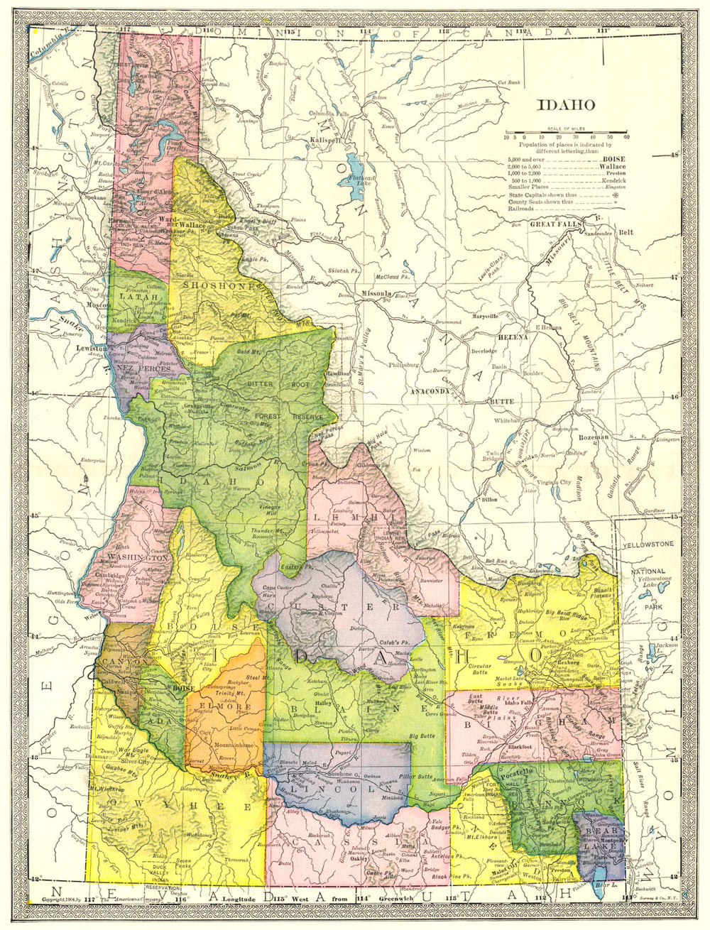 IDAHO state map. Counties 1907 old antique vintage plan chart
