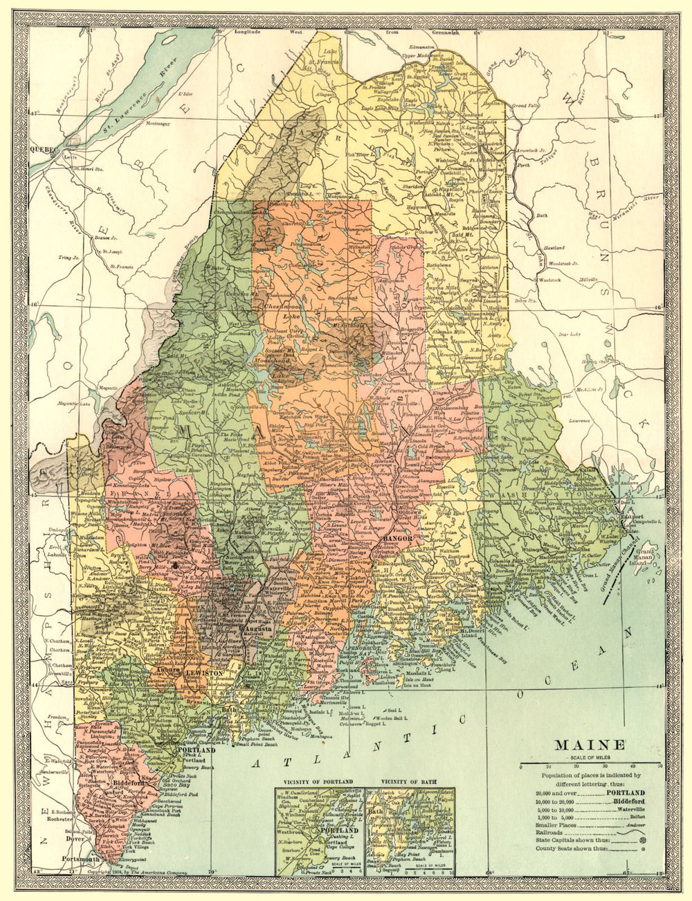 MAINE state map. Counties. Portland & Bath insets 1907 old antique chart