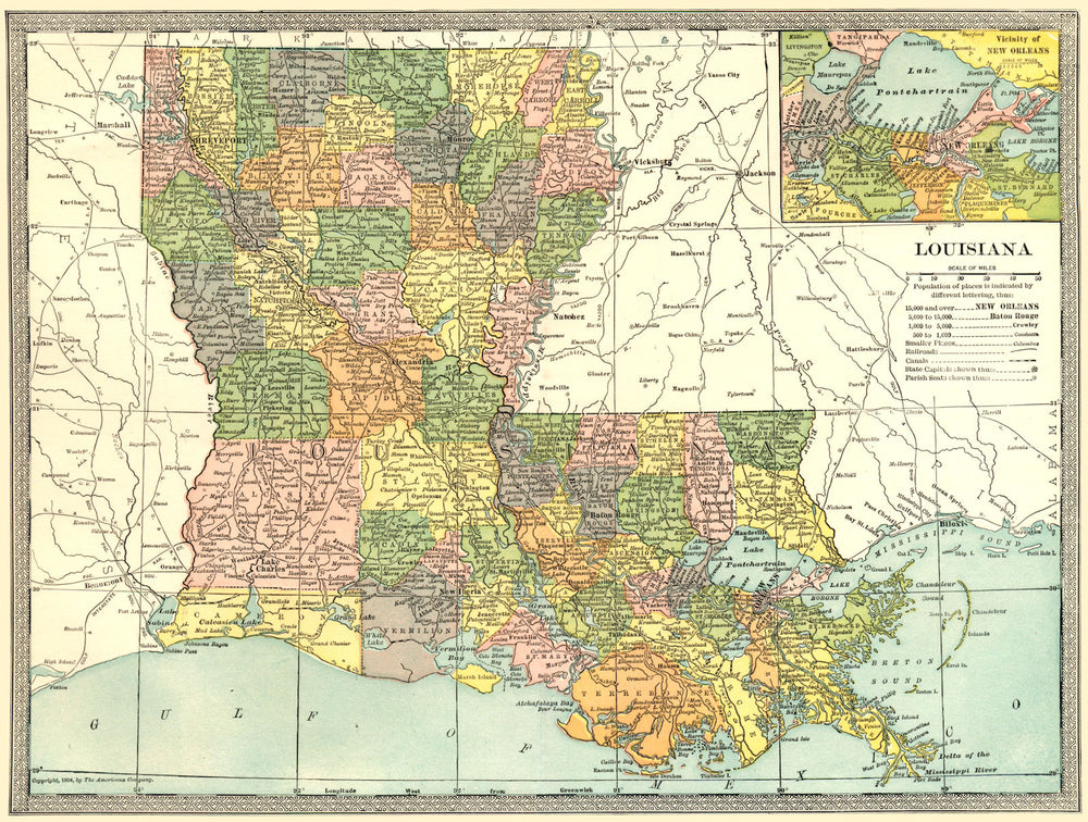 LOUISIANA state map. Parishes. New Orleans environs 1907 old antique chart