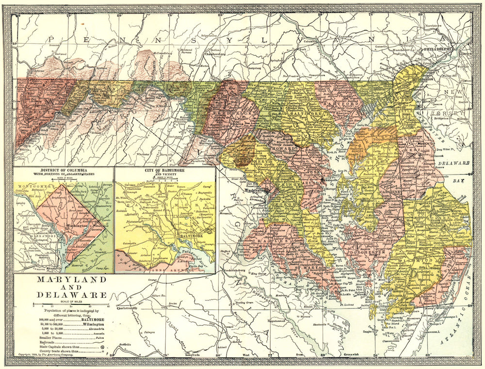MARYLAND & DELAWARE state map. District of Columbia. Baltimore plan 1907