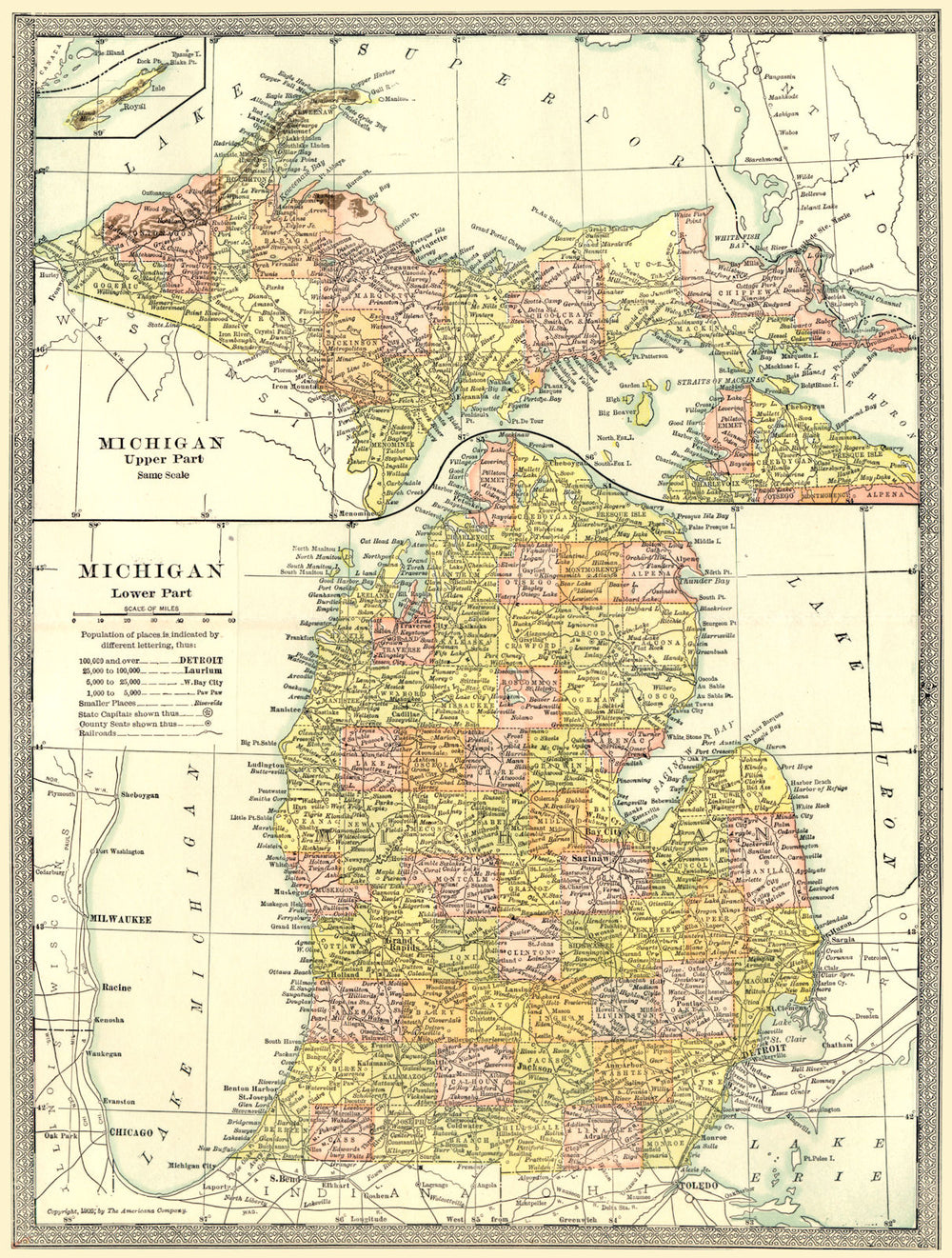 MICHIGAN state map. Counties 1907 old antique vintage plan chart