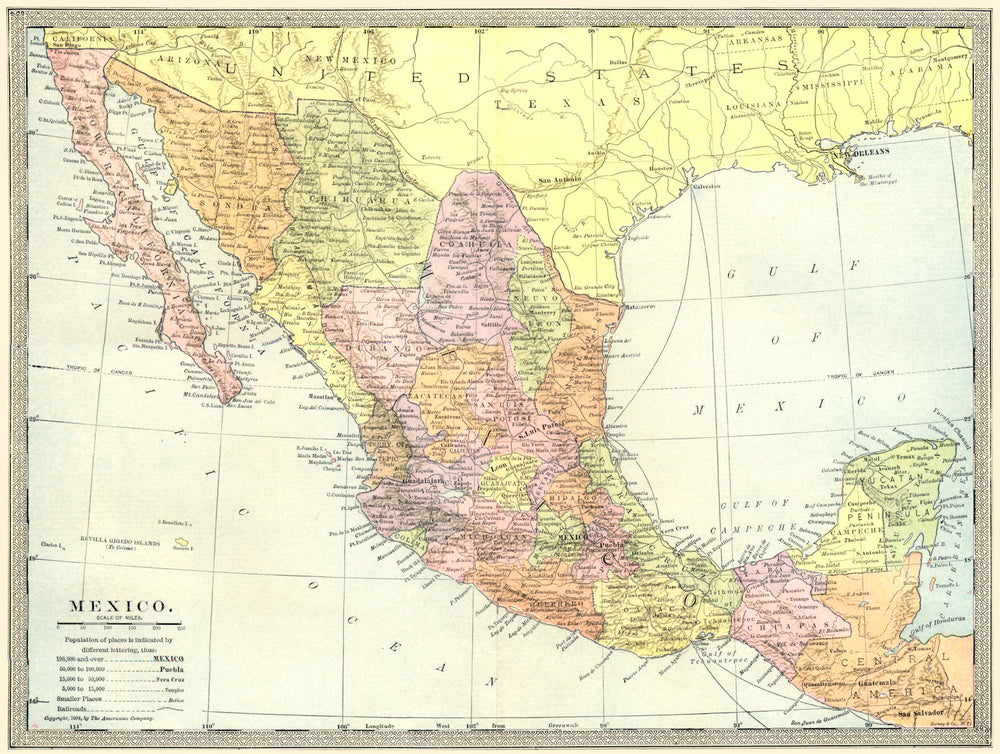 MEXICO showing states 1907 old antique vintage map plan chart