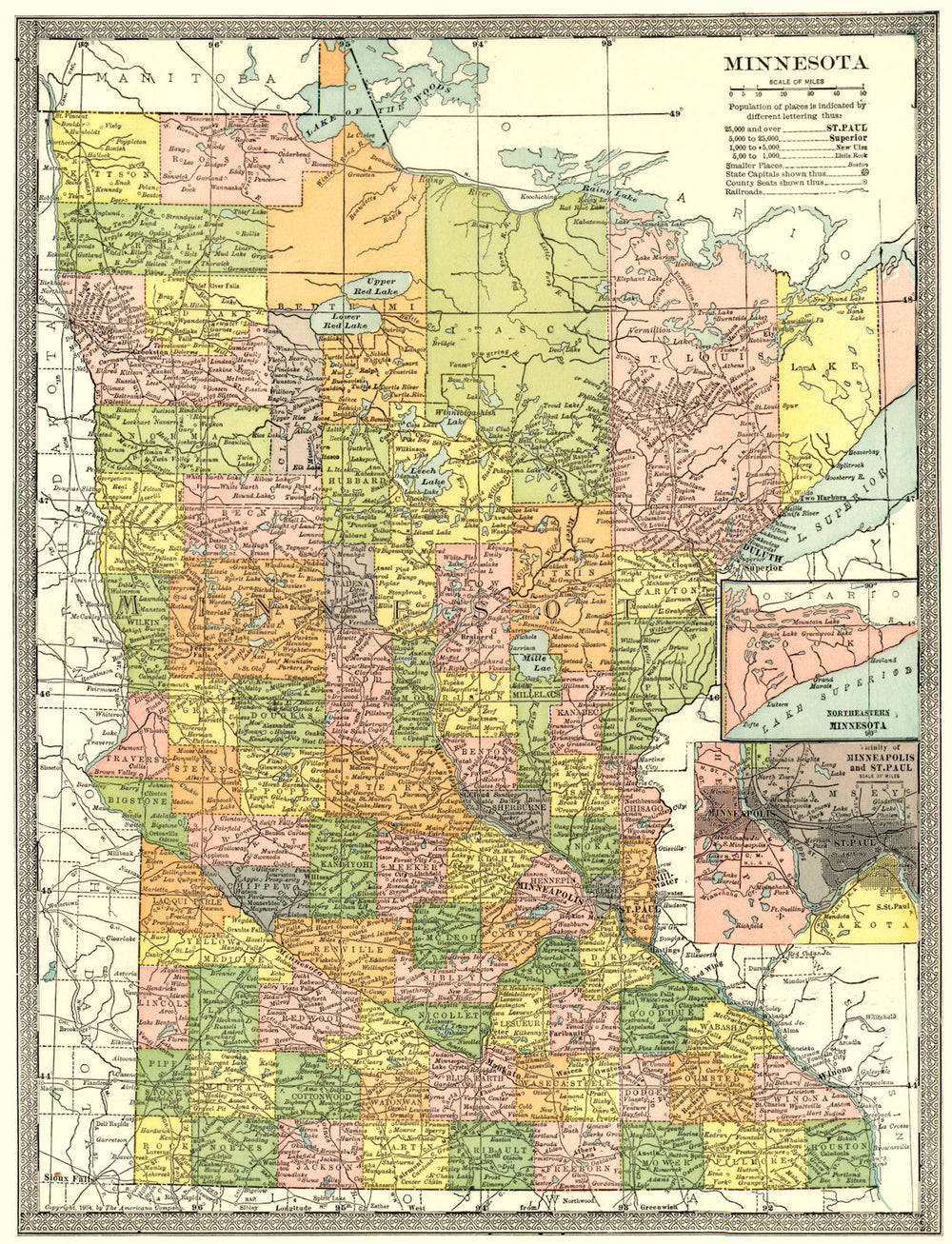 MINNESOTA state map. Counties. Inset Minneapolis & St Paul environs 1907