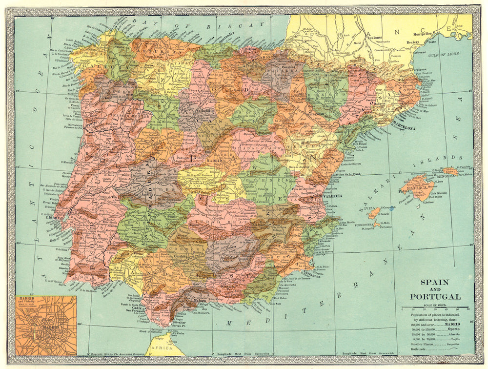 IBERIA. Spain and Portugal. Inset Madrid 1907 old antique map plan chart