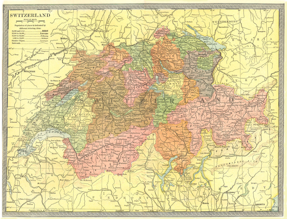 SWITZERLAND showing cantons 1907 old antique vintage map plan chart