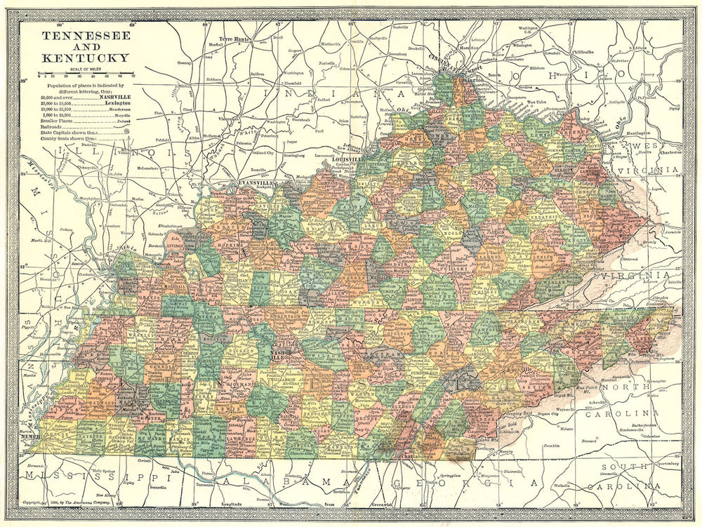 TENNESSEE & KENTUCKY state map. Counties 1907 old antique plan chart