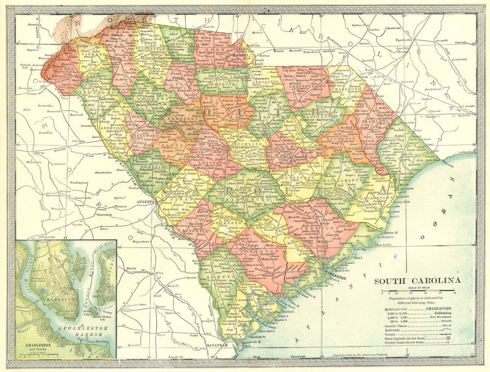 SOUTH CAROLINA state map. Counties. Charleston harbour & environs 1907 old