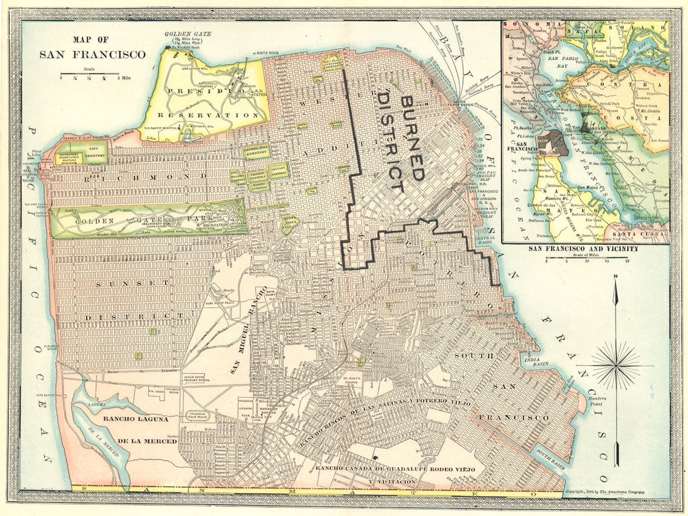 SAN FRANCISCO town/city plan showing area destroyed in 1906 earthquake 1907 map