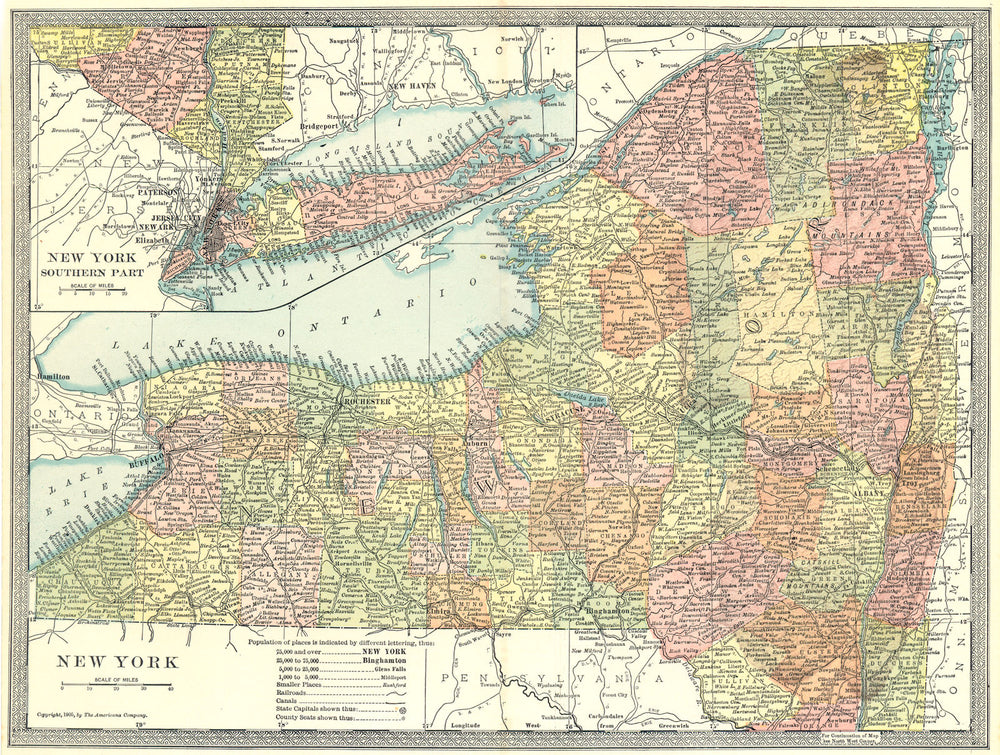 NEW YORK STATE map. Counties 1907 old antique vintage plan chart