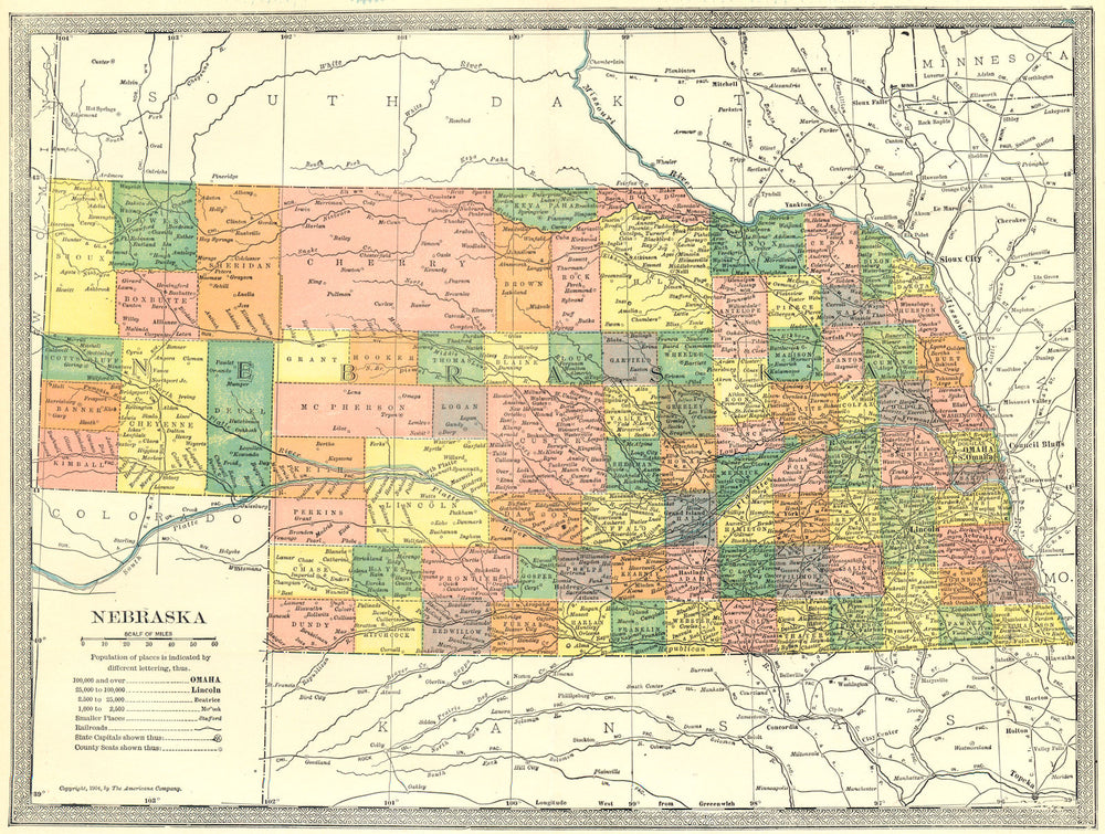 NEBRASKA state map. Counties 1907 old antique vintage plan chart