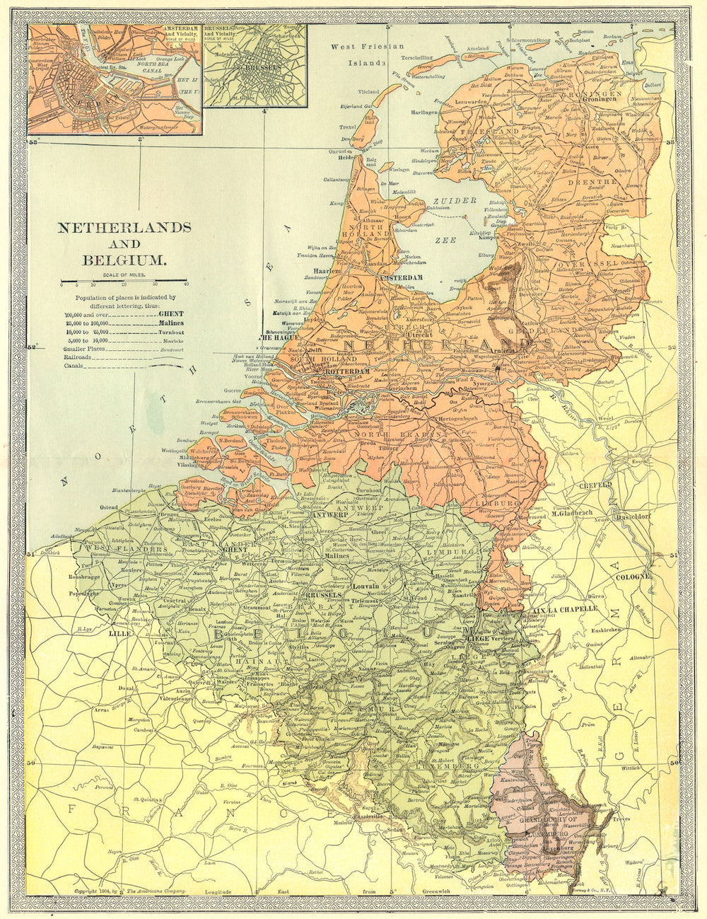 NETHERLANDS BELGIUM & LUXEMBOURG. Amsterdam & Brussels inset 1907 old map