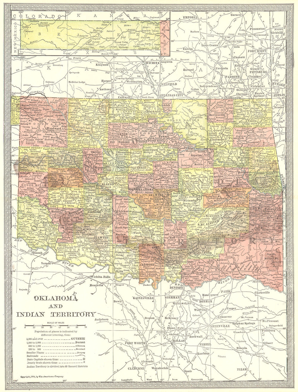 OKLAHOMA & INDIAN TERRITORY state map. Counties 1907 old antique chart