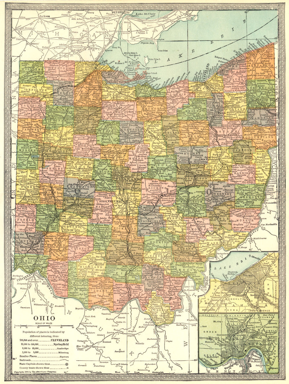 OHIO state map. Counties. Inset Cleveland & Cincinnati plans 1907 old