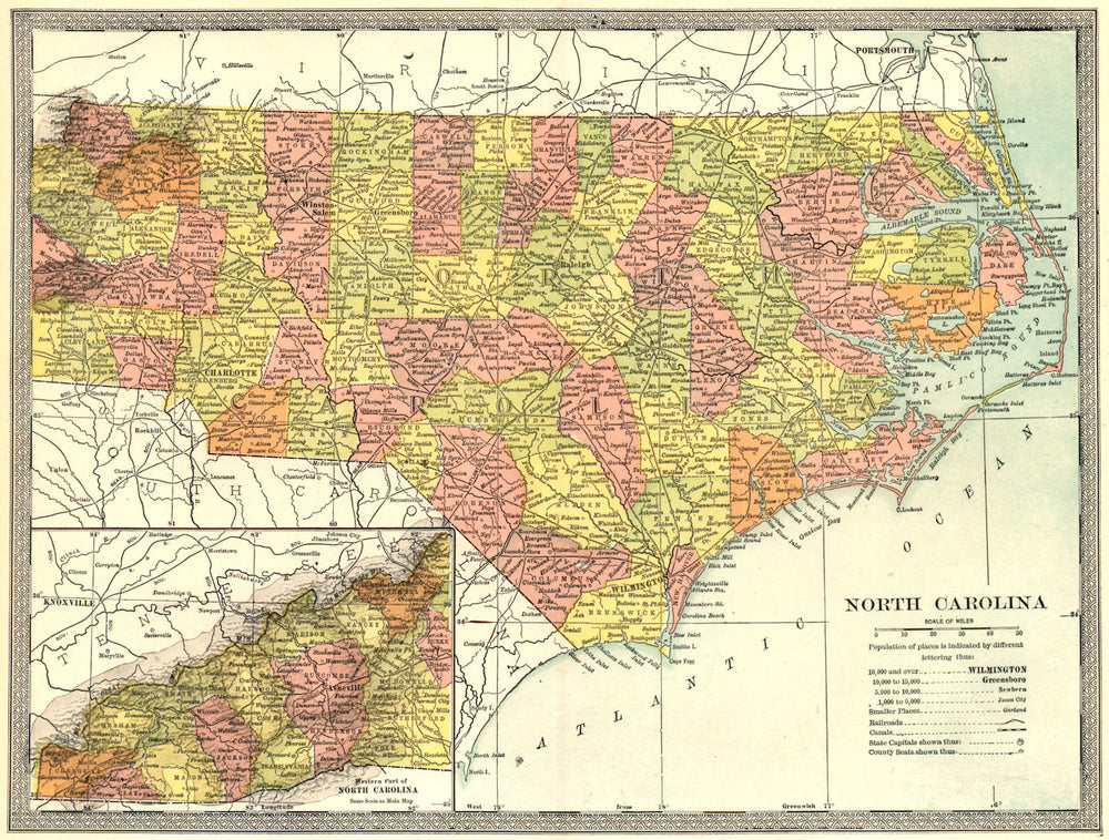 NORTH CAROLINA state map. Counties 1907 old antique vintage plan chart