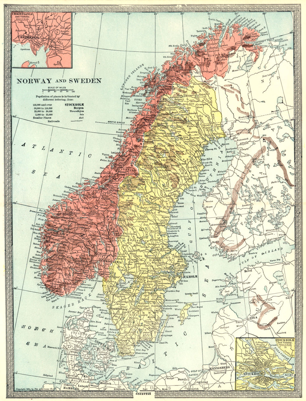 SCANDINAVIA. Norway and Sweden. Inset Stockholm & Christiania (Oslo) 1907 map