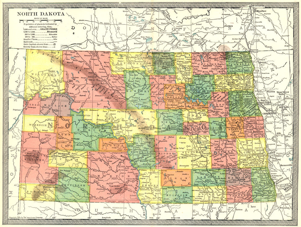 NORTH DAKOTA state map. Counties 1907 old antique vintage plan chart