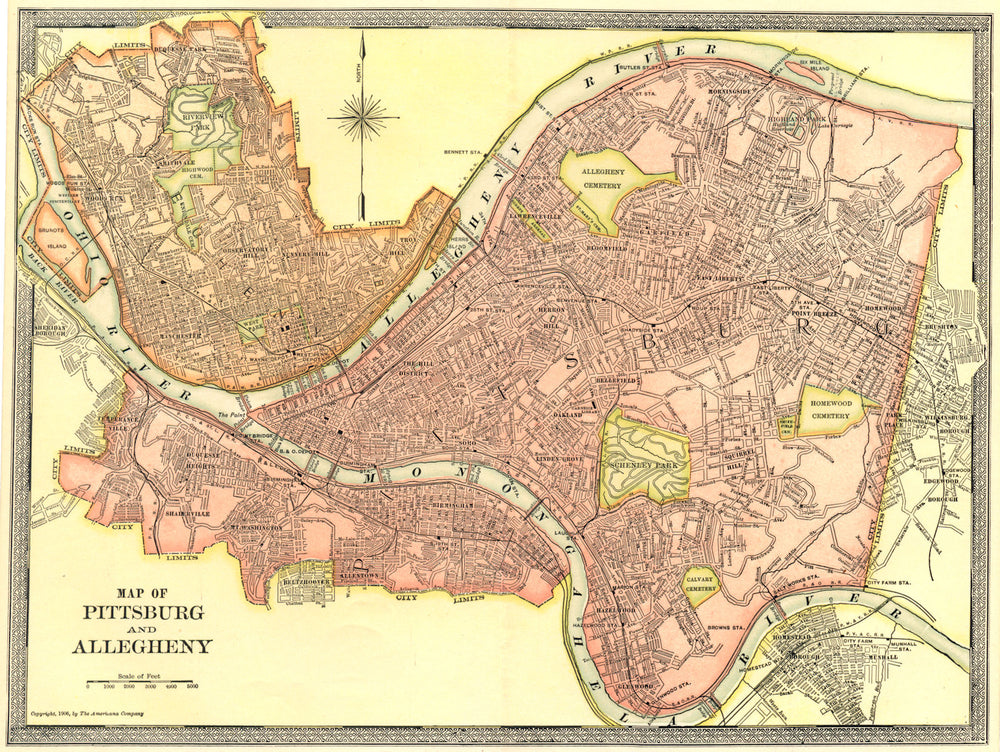 PITTSBURG & ALLEGHENY town/city plan. Pennsylvania 1907 old antique map chart