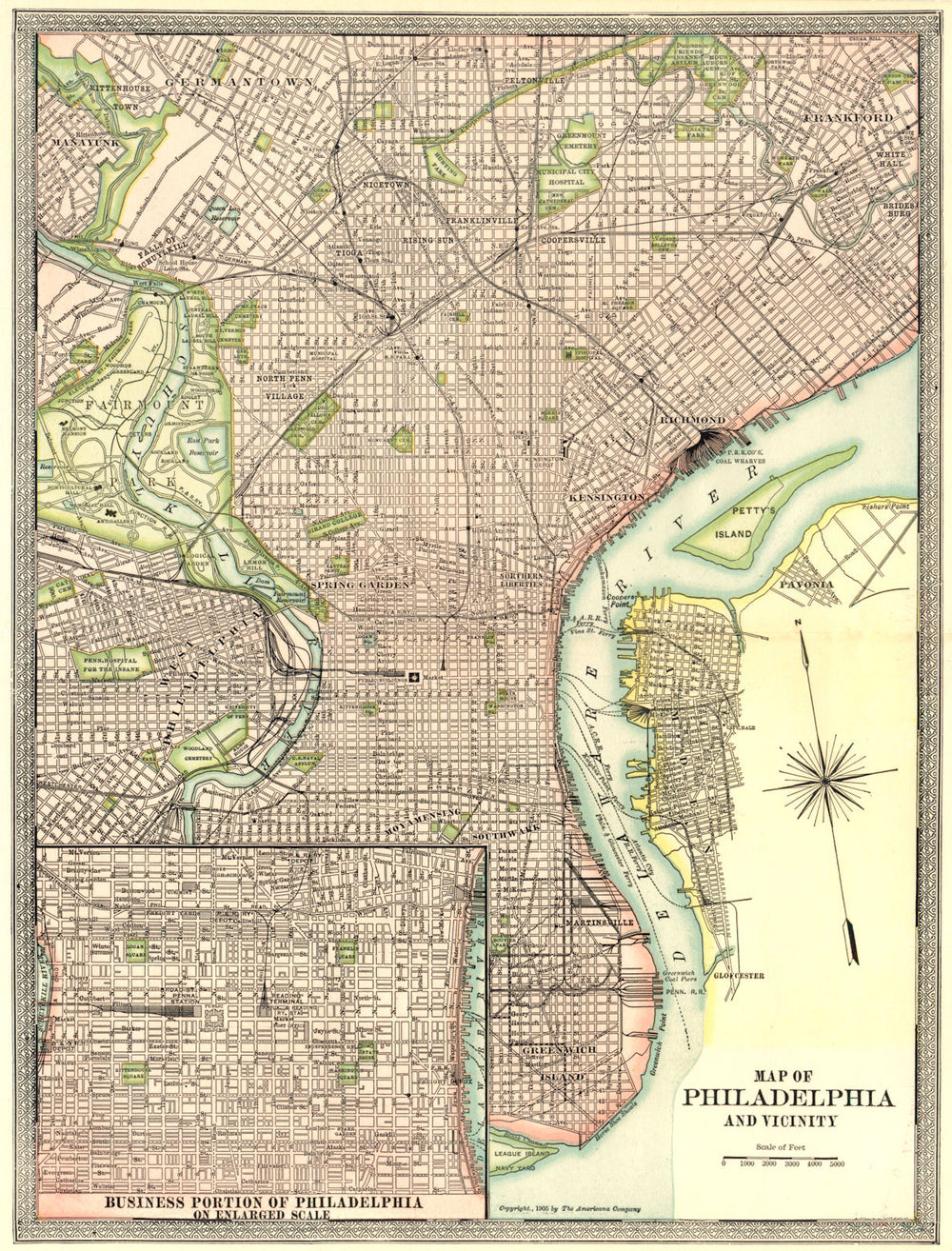 PHILADELPHIA town/city plan. Inset CBD. Pennsylvania 1907 old antique map