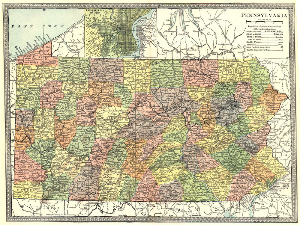 PENNSYLVANIA state map. Counties. Philadelphia environs 1907 old antique