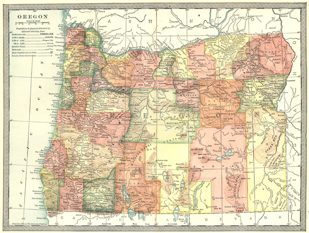 OREGON state map. Counties 1907 old antique vintage plan chart