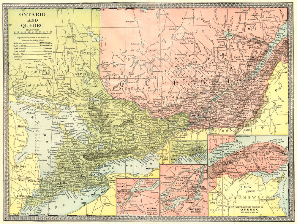 ONTARIO & QUEBEC. Inset Toronto Quebec City & Montreal environs 1907 old map
