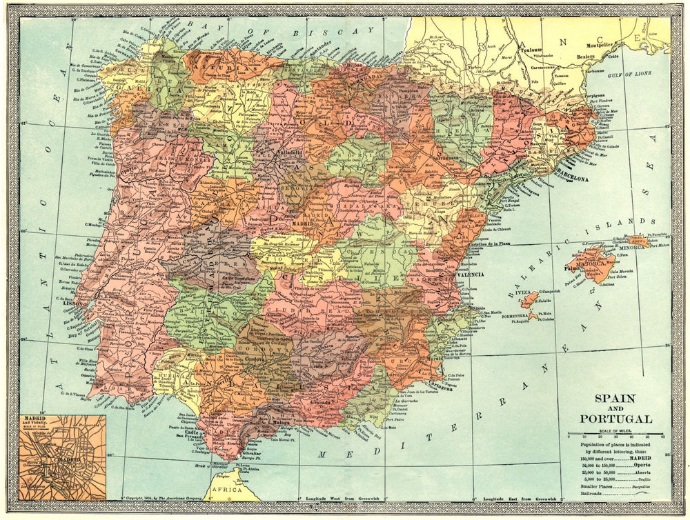 IBERIA. Spain and Portugal. Inset Madrid plan 1907 old antique map chart