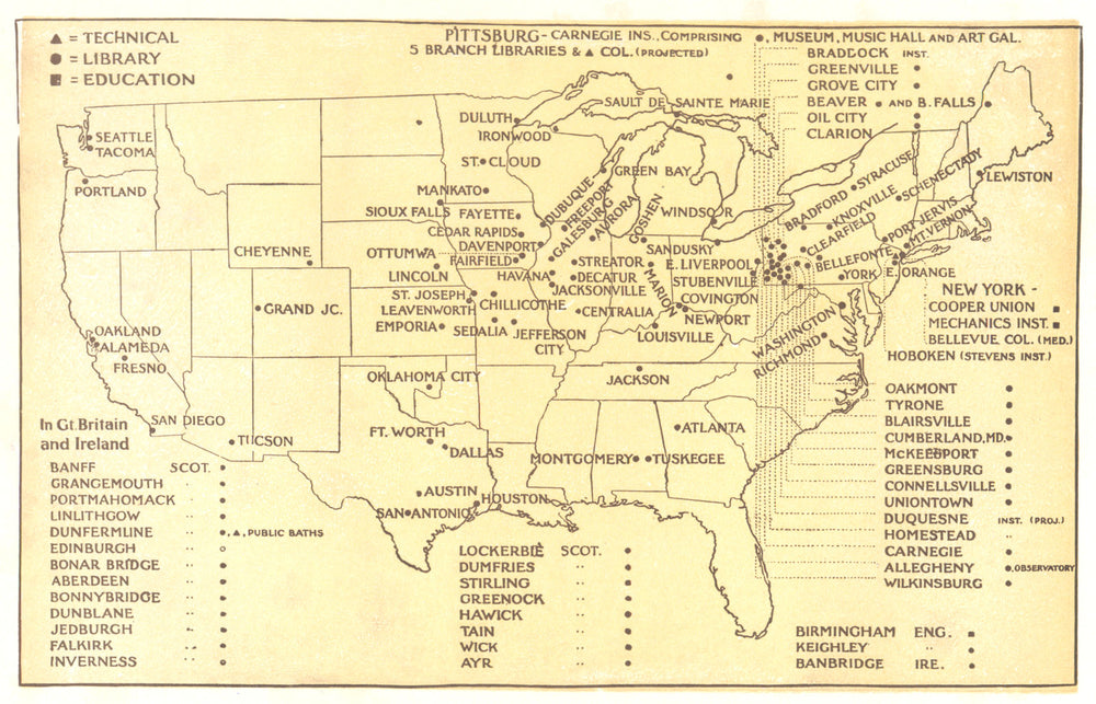 CARNEGIE LIBRARIES. Map of libraries presented by Mr. Carnegie 1902 1907