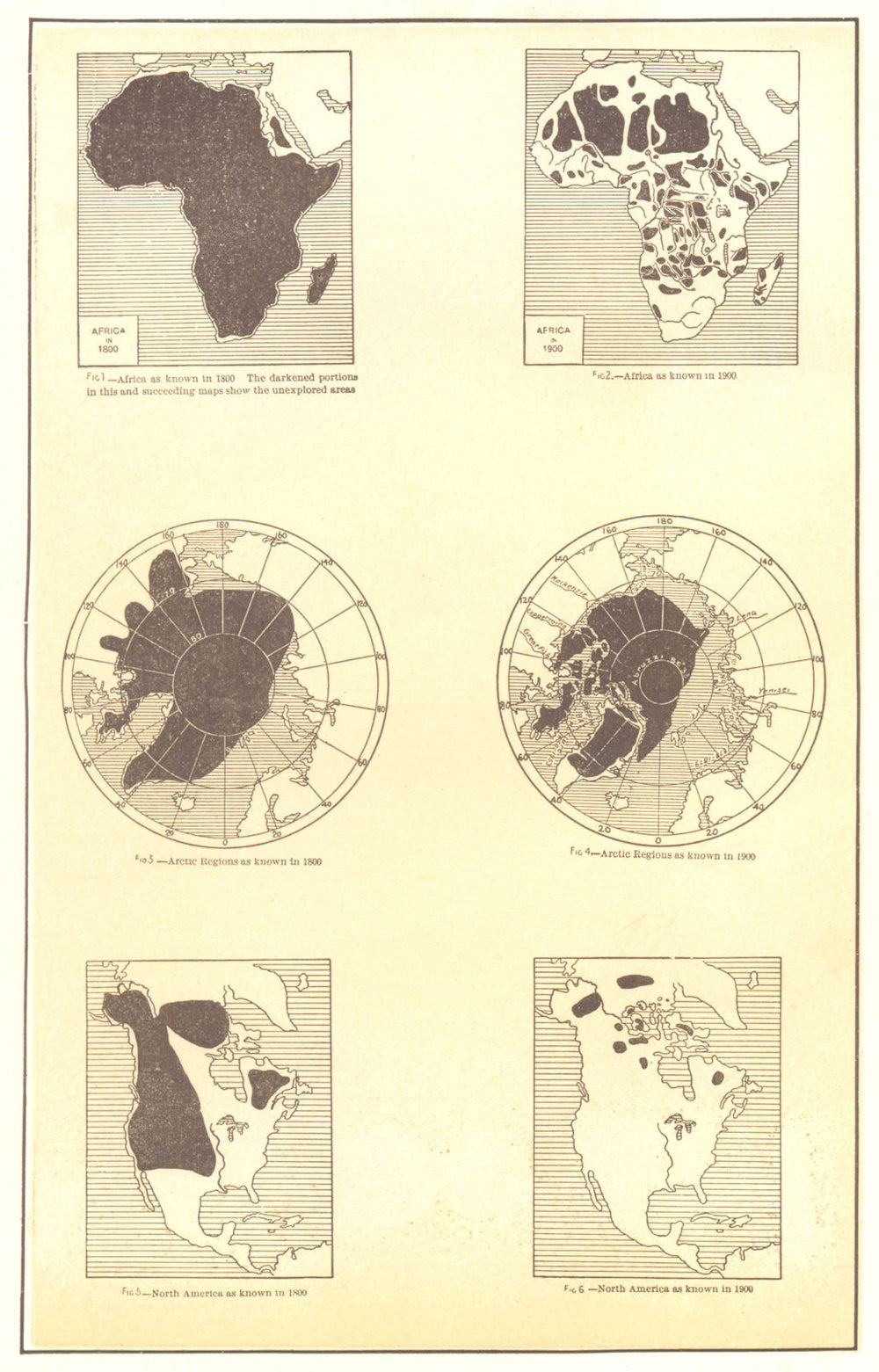 Known & unknown regions in 1800 & 1900. Africa. Arctic North America 1907 map