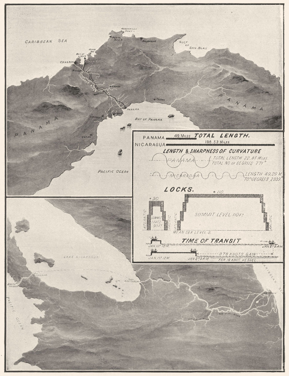 PANAMA CANAL & NICARAGUA ship transit routes compared 1907 old antique map