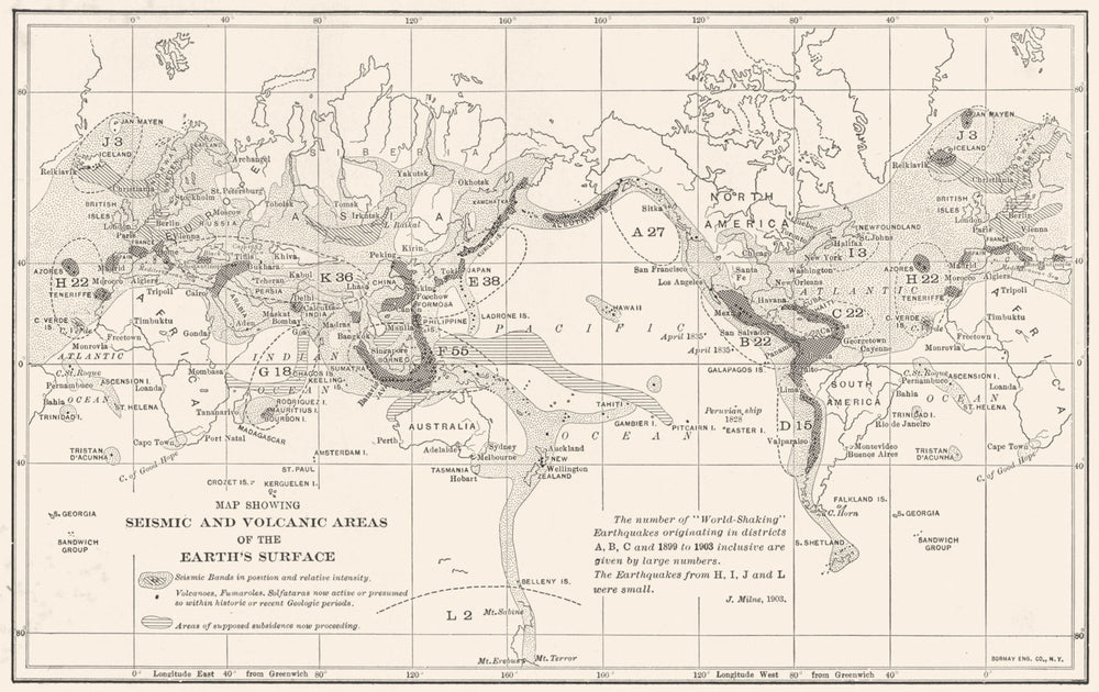 Map showing Seismic and Volcanic areas of the Earth's surface 1907 old
