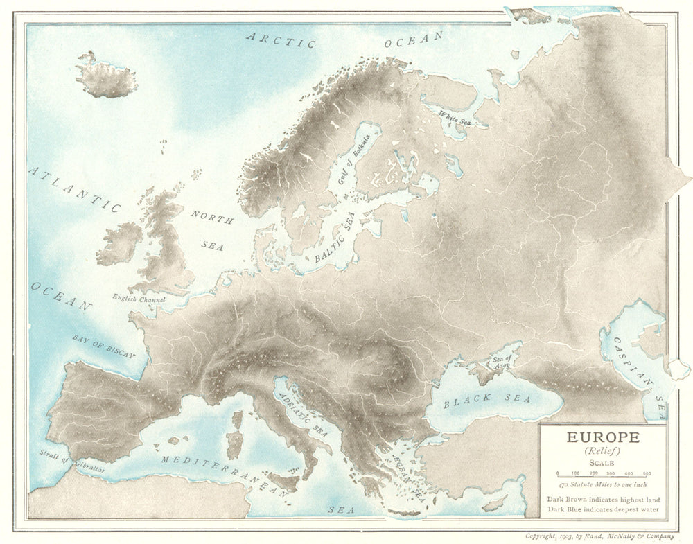 EUROPE PHYSICAL rivers mountains 1907 old antique vintage map plan chart