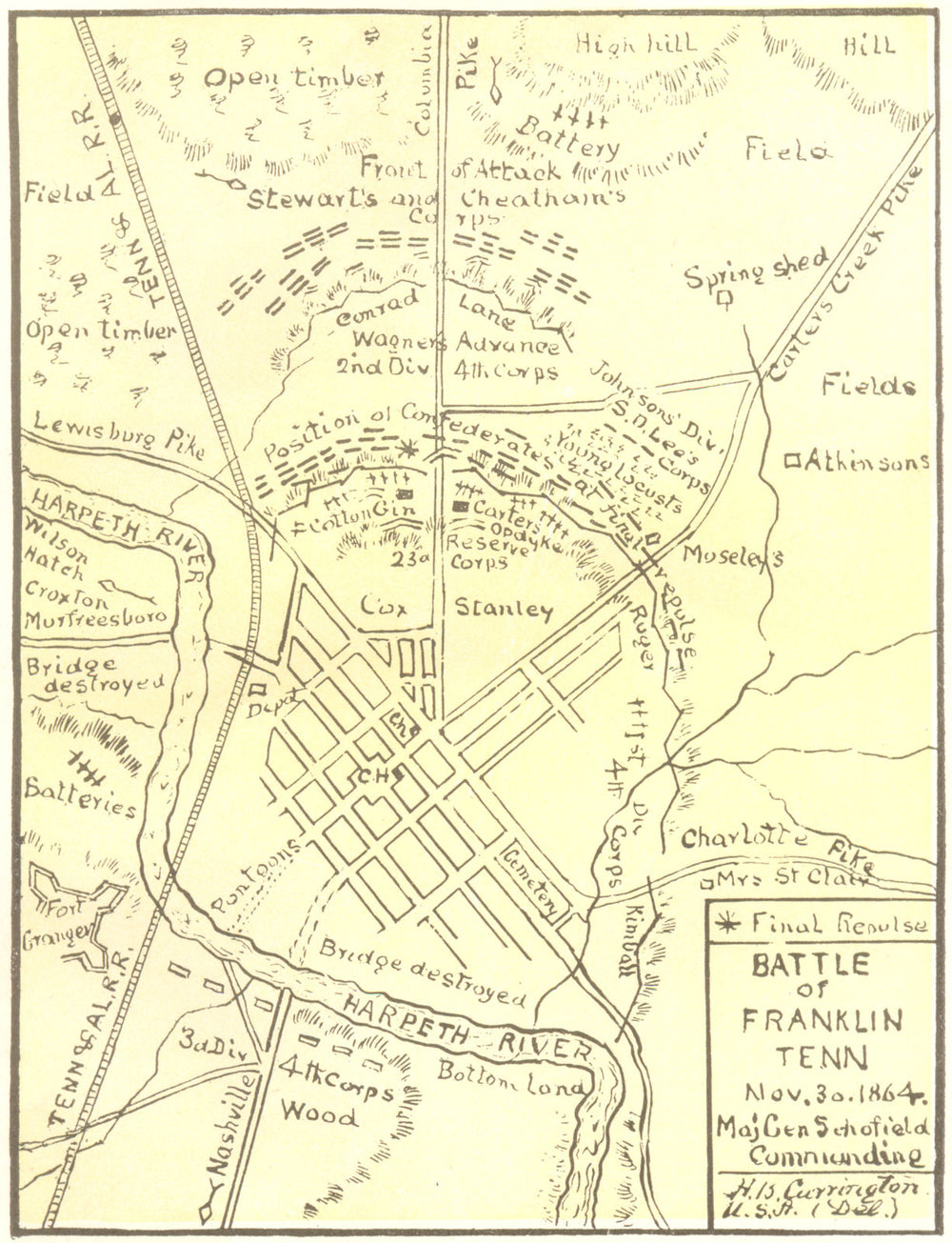Battle of Franklin, Tennessee November 30th 1864 1907 old antique map chart