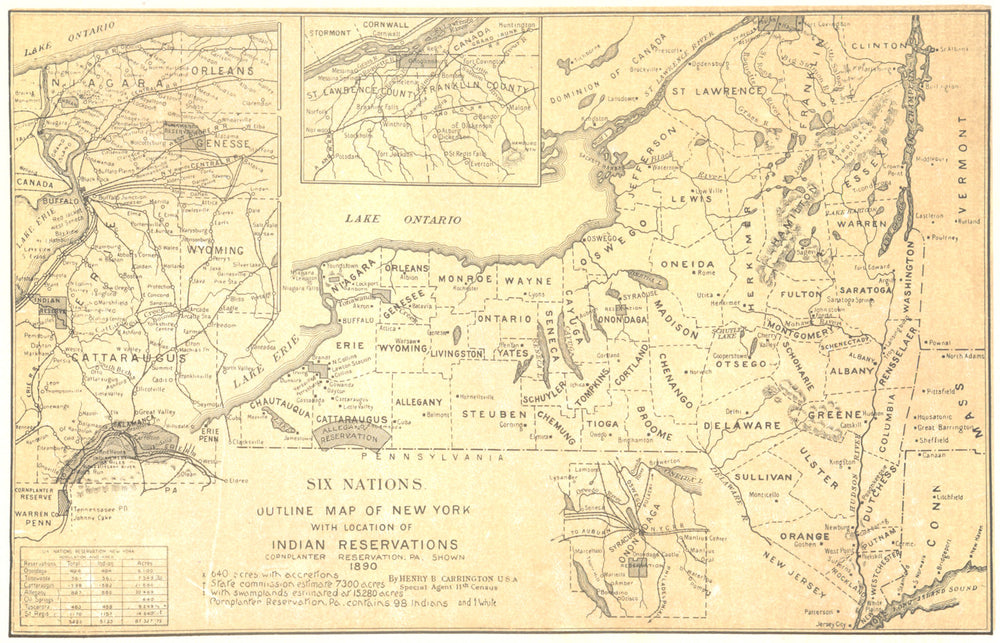 Six Nations outline map of New York showing Indian reservations 1907 old