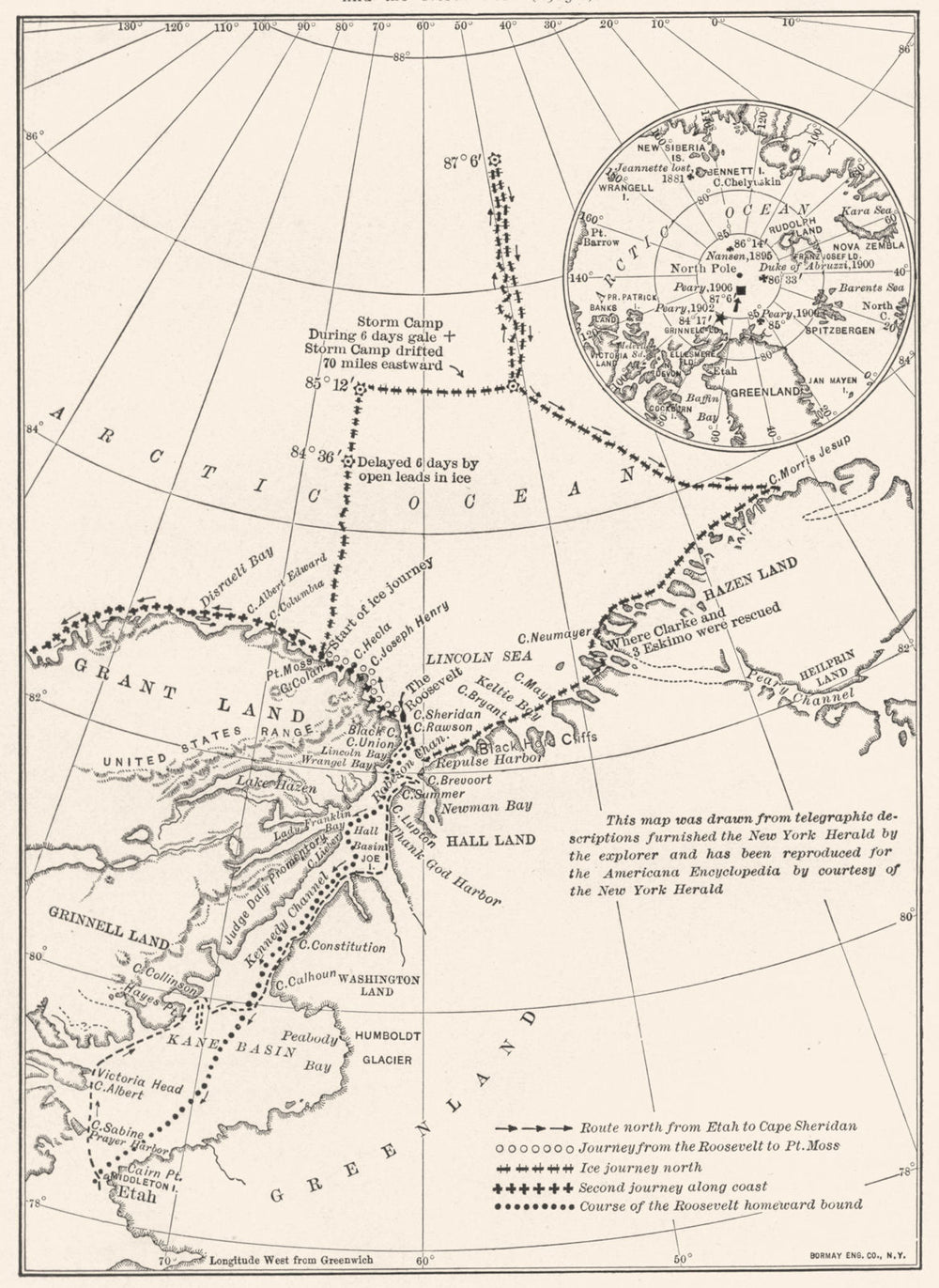 ROBERT PEARY NORTH POLE EXPEDITION (1905-1906). Route. Roosevelt 1907 old map