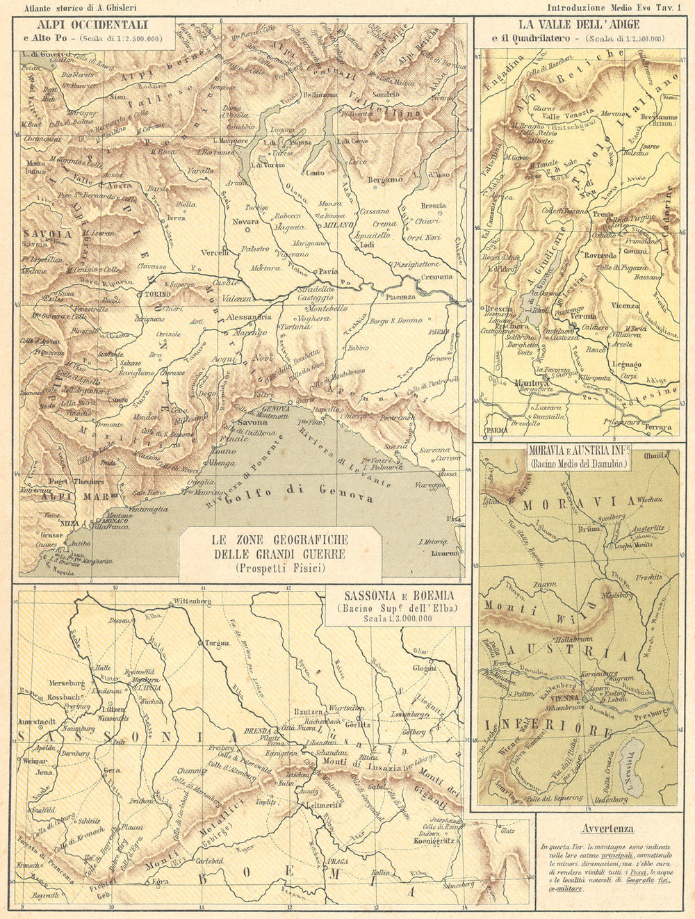 EUROPE. Alpi; Adige Quadrilatero; Moravia Austria; Sassonia Boemia 1889 map