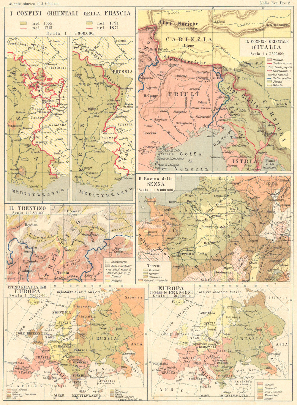 FRANCIA. Italia; Trentino; Senna; Etnografia Europa; Religioni 1889 old map