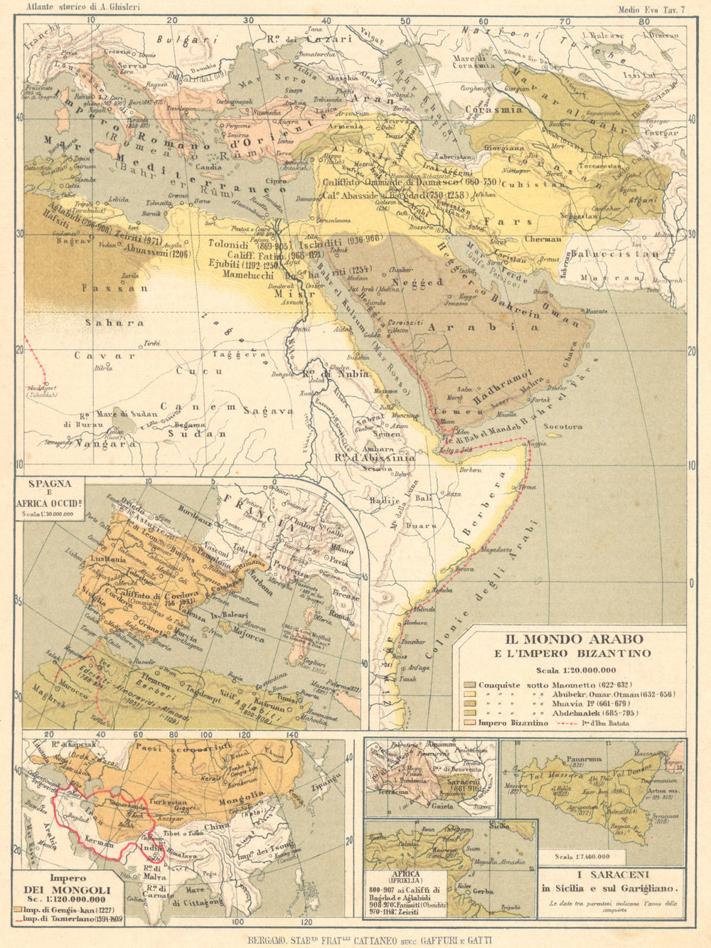 MONDO ARABO. Impero Bizantino Spagna Africa Mongoli Saraceni Sicilia 1889 map
