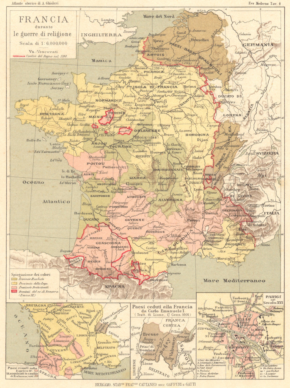 FRANCIA. guerra religione; Carlo Emanuele; Parigi(Paris)Secolo 16 1889 old map