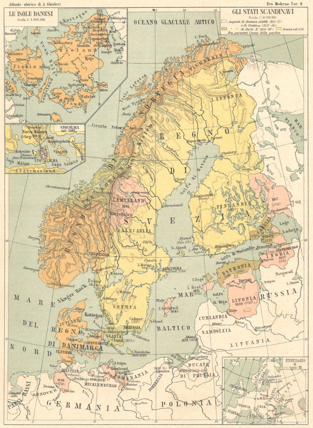 SCANDINAVI. Gli Stati; maps Isole Danesi; Stocolma; Itinerario Carlo 12 1889