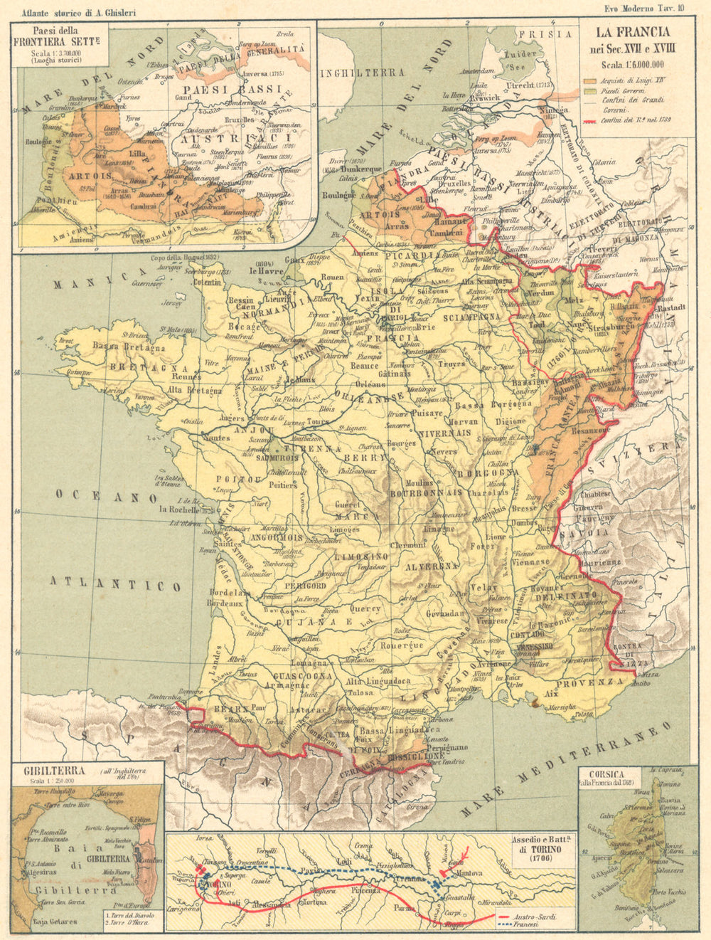 FRANCIA 17-18C. Frontiera Sette; Gibilterra; Assedio Torino; Corsica 1889 map