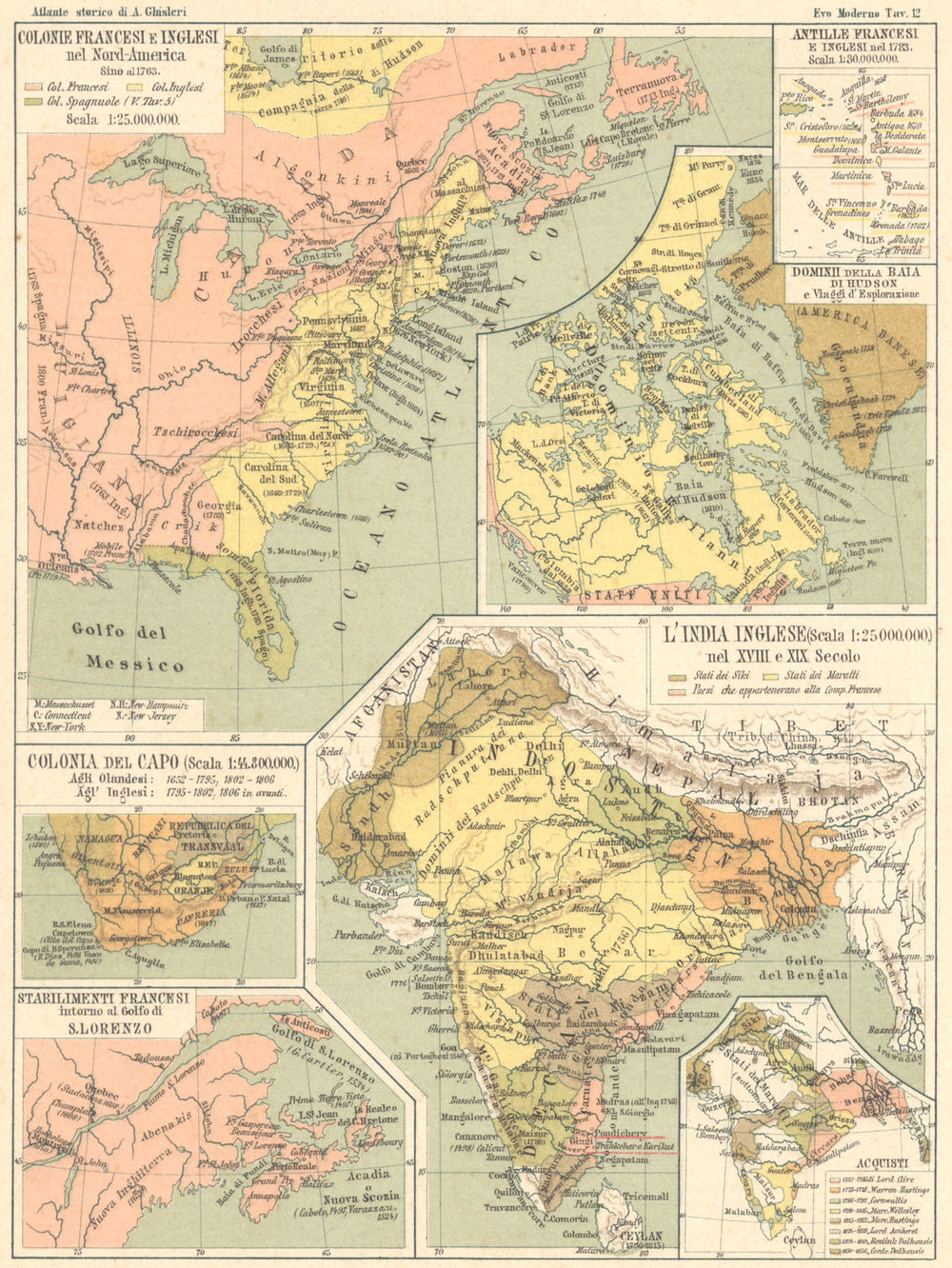COLONIE FRANCESI INGLESI. America Colonia Capo Lorenzo Antille India 1889 map