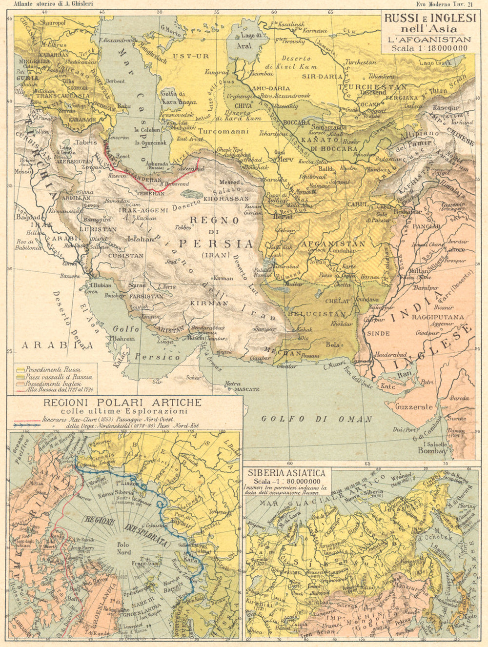 RUSSI INGLESI ASIA.Iran Afghanistan Polari Artiche Esplorazion Siberia 1889 map