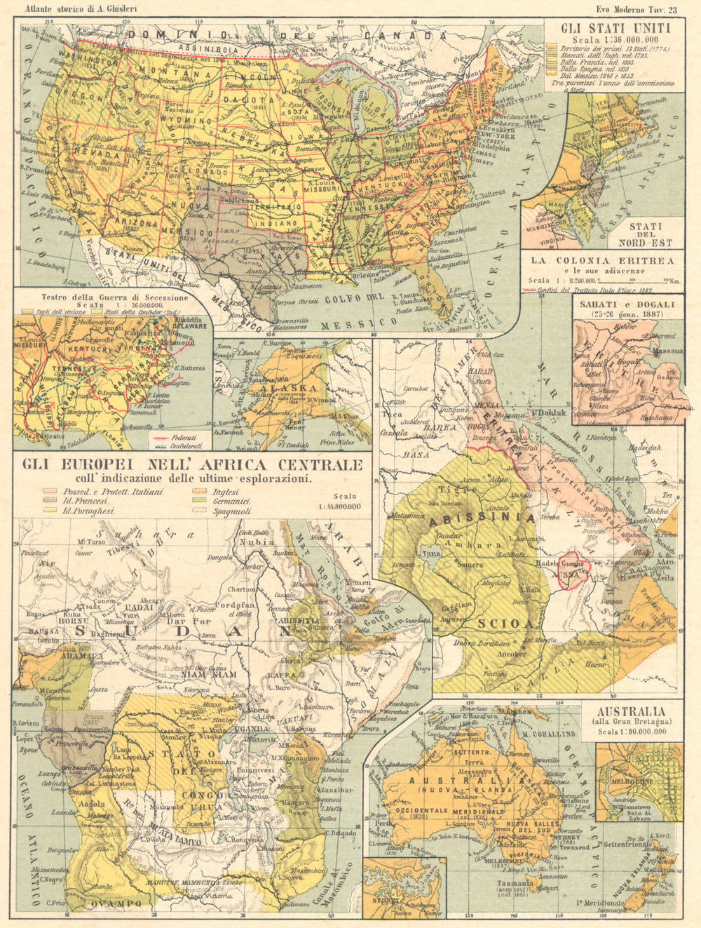 WORLD. Africa; Stati Uniti; Guerra Secessione; Eritrea; Australia 1889 old map