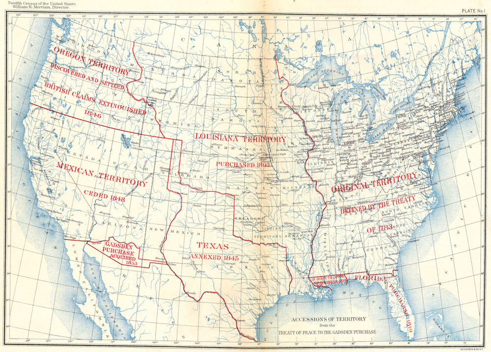 USA. Accessions of Territory Treaty peace to Gadsden Purchase 1900 old map
