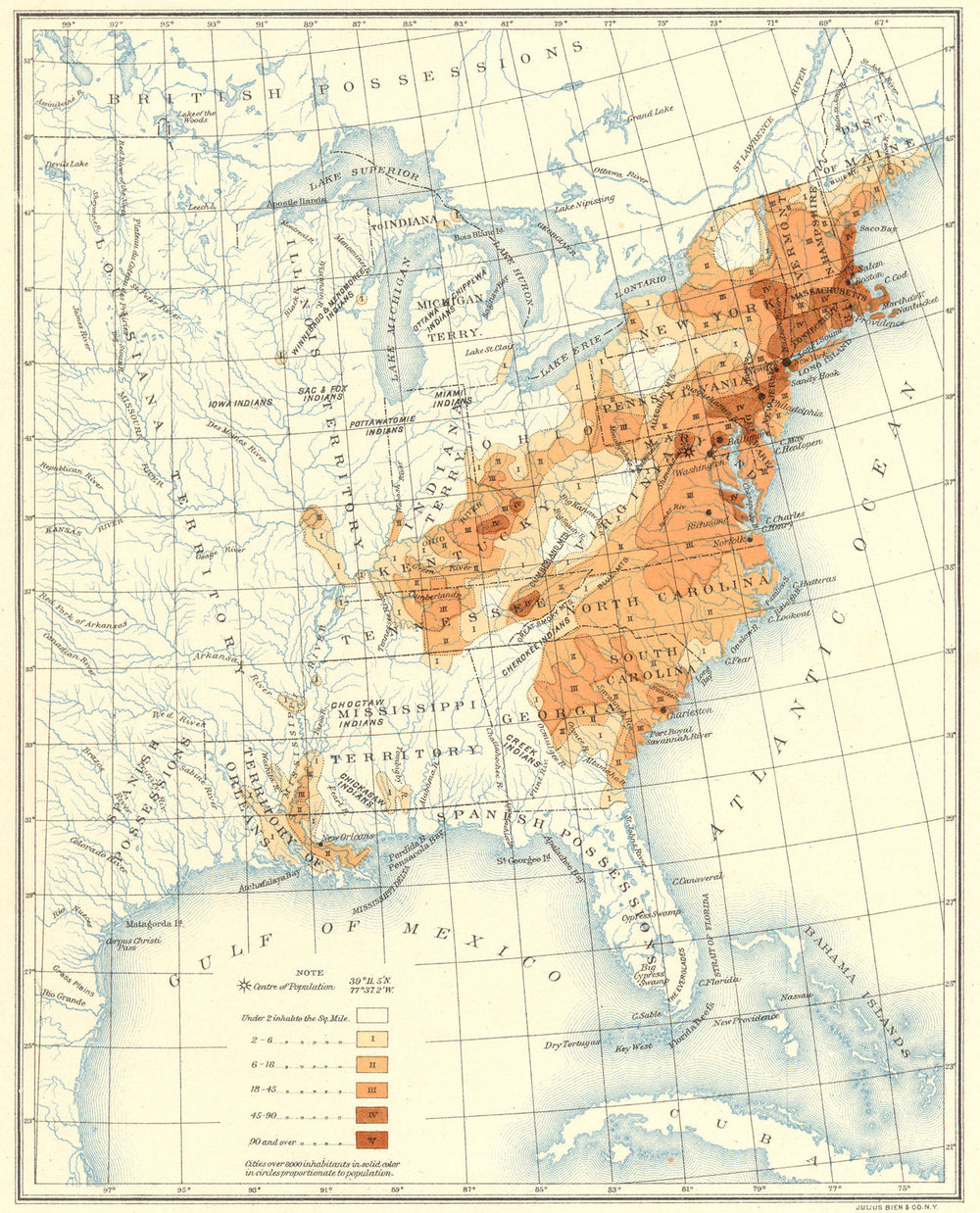USA. Population distribution East of the 100th Meridian. 1810 1900 old map