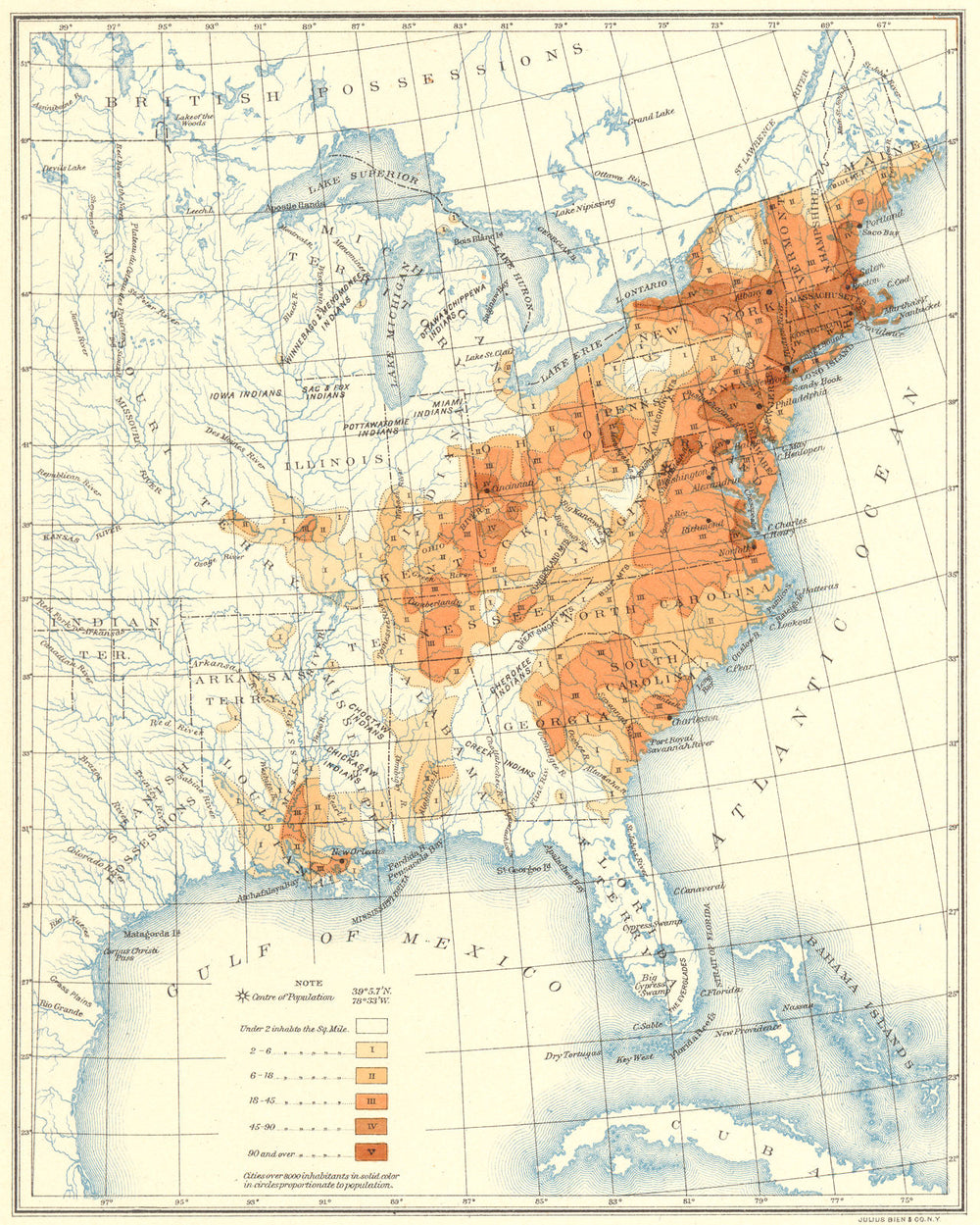 USA. Population distribution East of the 100th Meridian. 1820 1900 old map