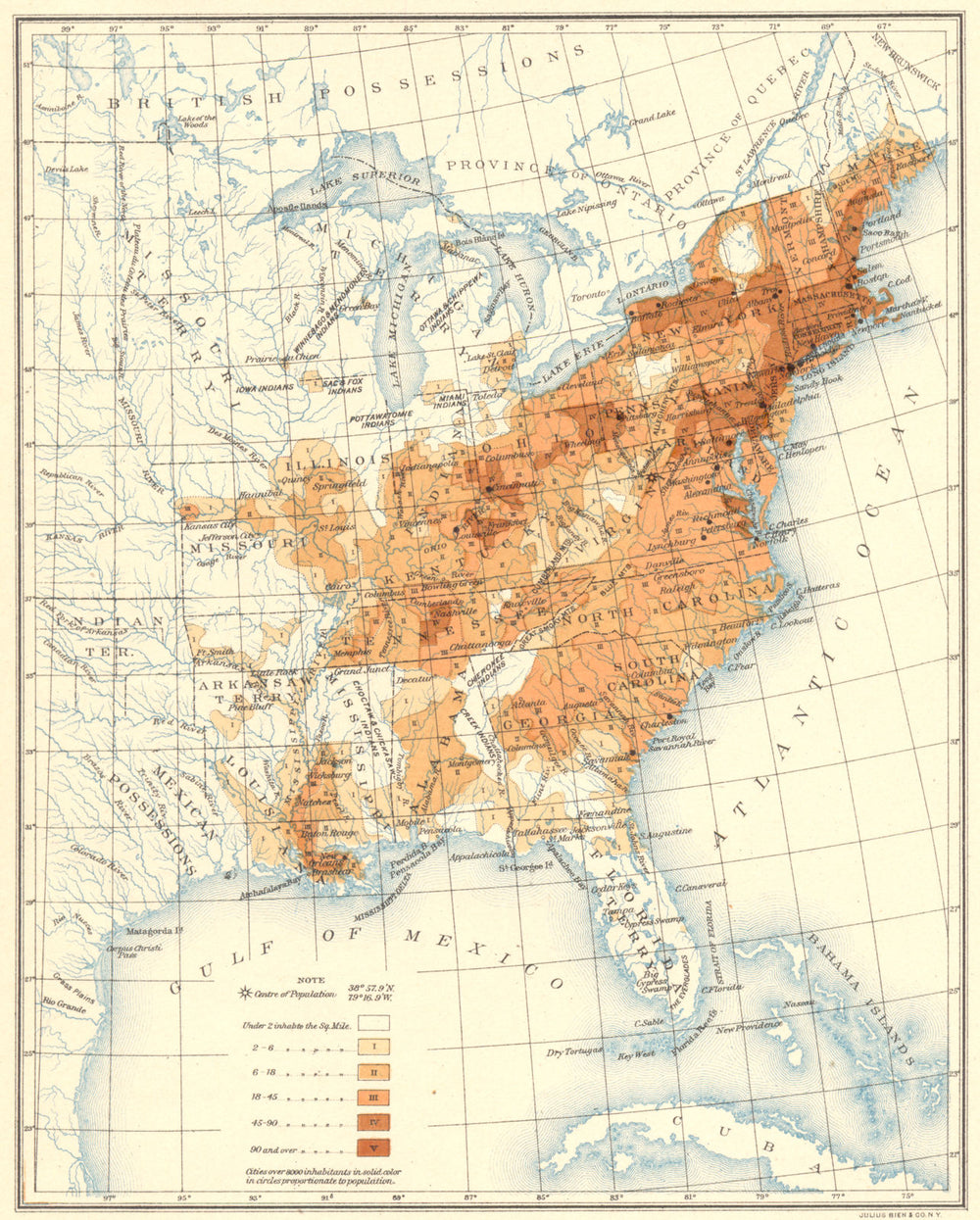 USA. Population distribution East of the 100th Meridian. 1830 1900 old map