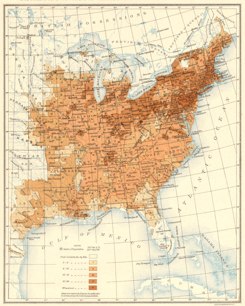 USA. Population distribution East of the 100th Meridian. 1860 1900 old map