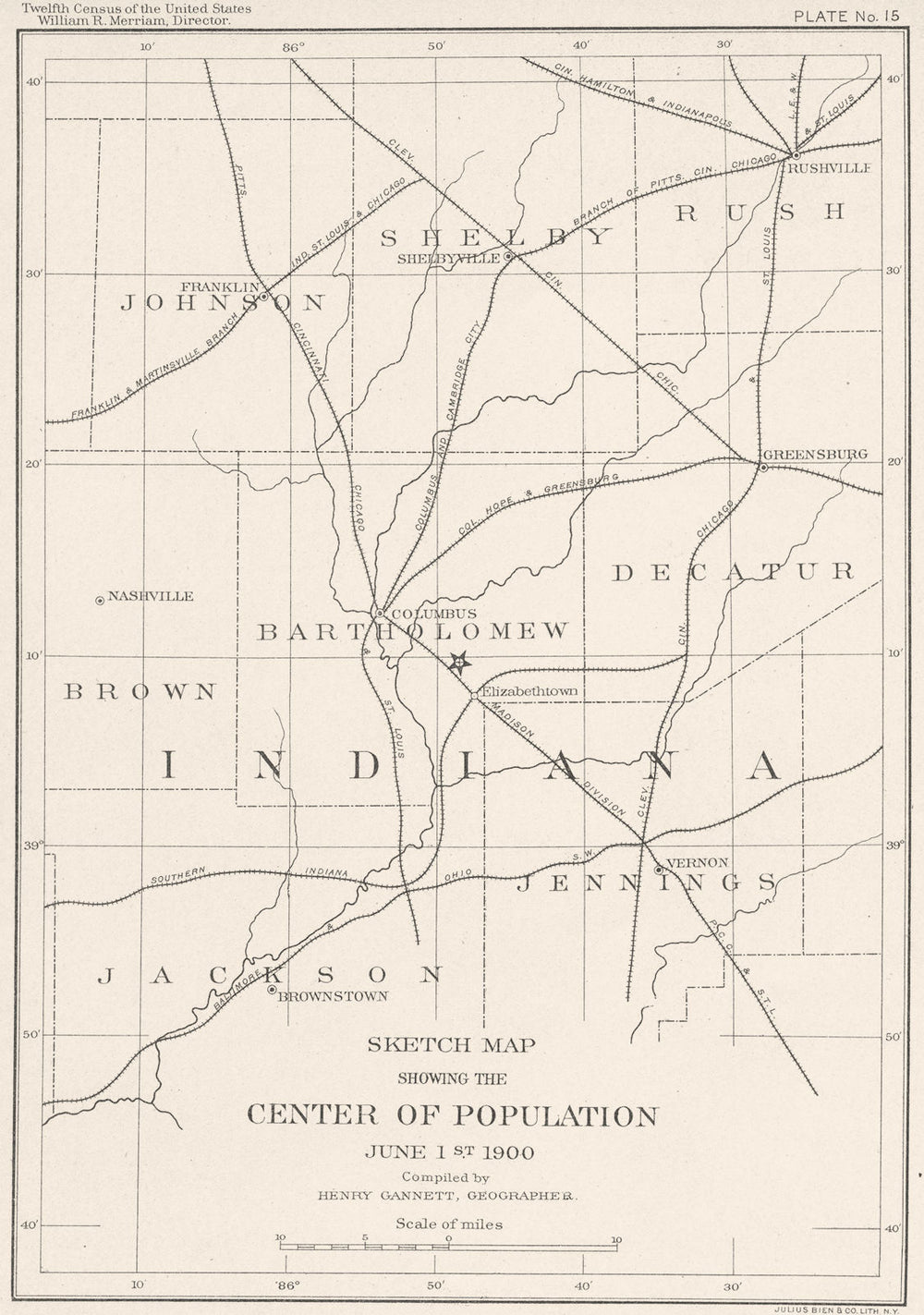 USA. INDIANA. BARTHOLOMEW. Sketch map center of population June 1st 1900 1900
