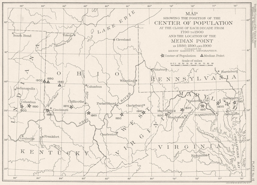 USA. WV OH MD VA KY. map center median Pt population 1790 1900 1900 old